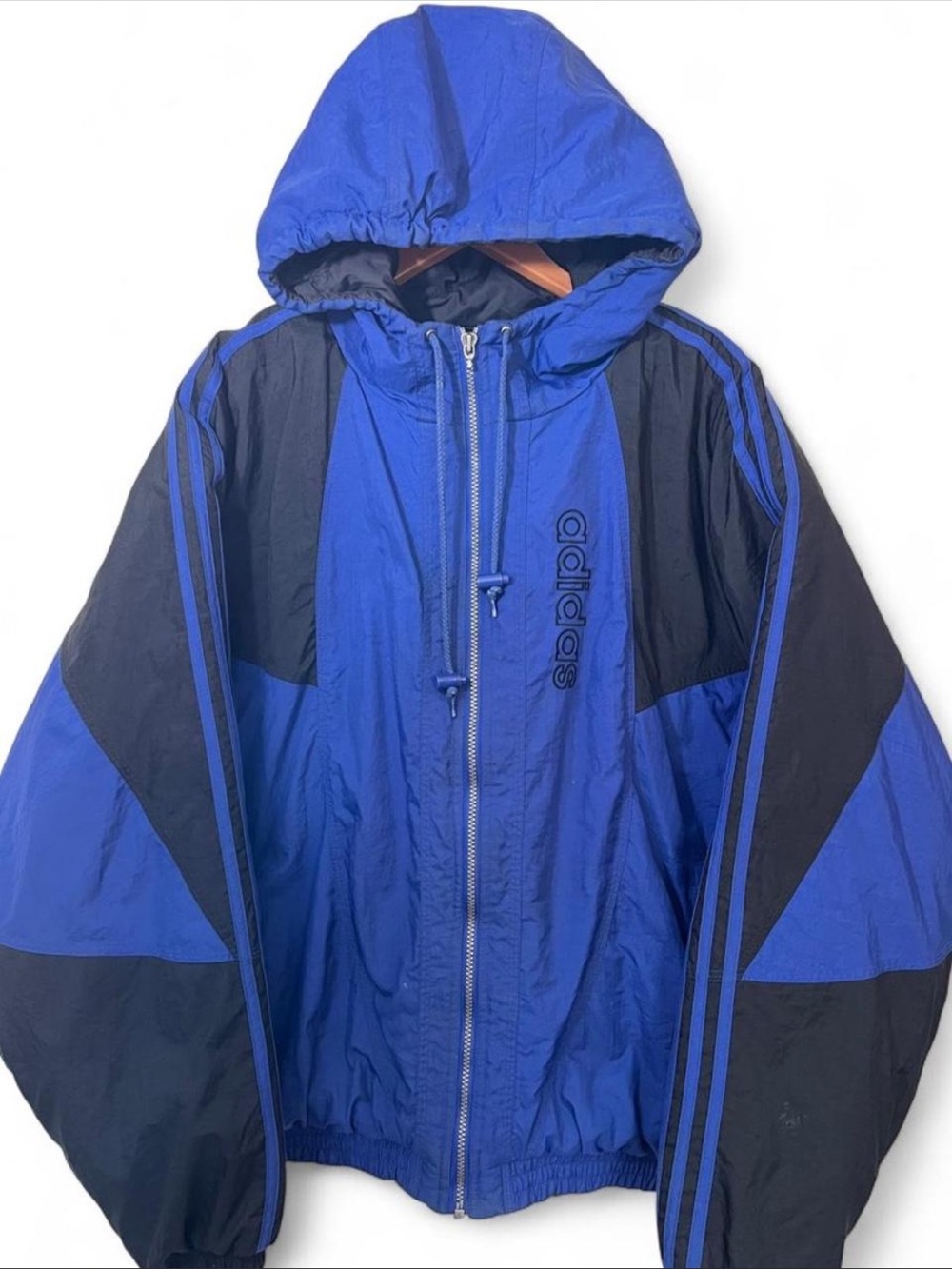 VTG Adidas Coat Mens Large Blue Black Big Trefoil Logo Winter Hooded Jacket 90s